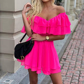 Chiffon Off The Shoulder Ruffle Layered Shirred Nimi Dress